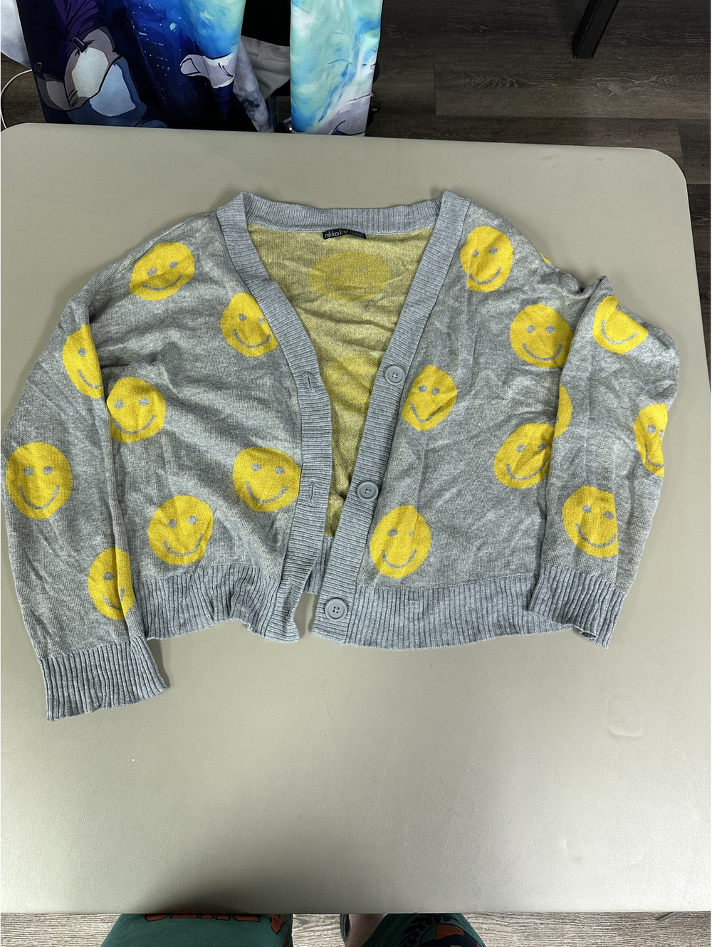 nikkak Gray and Yellow Smiley Face Button-Up Cardigan Sweater, Size L